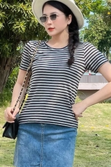 Áo thun cotton nữ cổ tròn màu Sọc ngang Xám Đen 18B