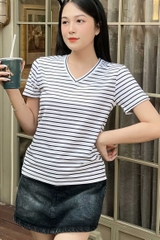 Áo thun cổ tim - Sọc Trắng đen - BSA19