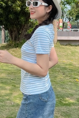 Áo thun cotton nữ cổ tròn màu Sọc Xanh Trắng- 31B