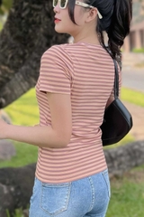 Áo thun cotton nữ cổ tròn màu Sọc Nâu Vàng - 30B