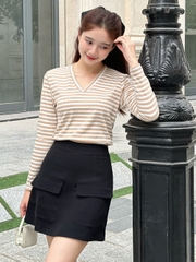 Áo thun nữ tay ngắn cổ V - Sọc Kem Trắng - TNV61