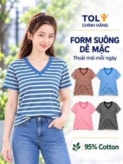 Áo thun nữ sọc ngang cổ V TOLI BSV32 – Cotton mềm, form suông gọn dáng, dễ phối mặc mỗi ngày