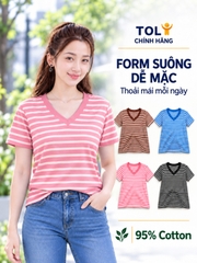 Áo thun nữ sọc ngang cổ V TOLI BSV33 – Cotton mềm, form suông gọn dáng, dễ phối mặc mỗi ngày