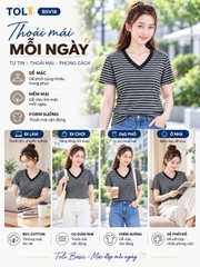 Áo thun nữ sọc ngang cổ V TOLI BSV33 – Cotton mềm, form suông gọn dáng, dễ phối mặc mỗi ngày