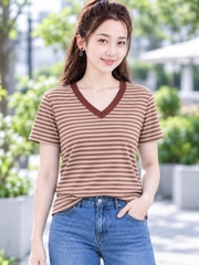 Áo thun nữ BIGSIZE cổ V sọc ngang TOLI BSV32 – Cotton co giãn 4 chiều, form suông dễ mặc từ 59–85kg