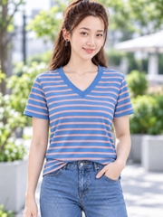 Áo thun nữ BIGSIZE cổ V sọc ngang TOLI BSV32 – Cotton co giãn 4 chiều, form suông dễ mặc từ 59–85kg