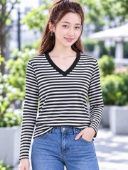 Áo thun nữ tay dài cổ V TOLI LHV32 – Form vừa dáng, Sọc ngang, Vải cotton co giãn 4 chiều mềm mịn