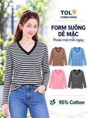 Áo thun nữ tay dài cổ V TOLI LHV15 – Form vừa dáng, Sọc ngang, Vải cotton co giãn 4 chiều mềm mịn