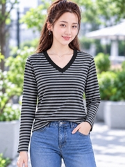 Áo thun nữ tay dài cổ V TOLI LHV18 – Form vừa dáng, Sọc ngang, Vải cotton co giãn 4 chiều mềm mịn