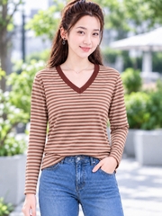 Áo thun nữ tay dài cổ V TOLI LHV30 – Form vừa dáng, Sọc ngang, Vải cotton co giãn 4 chiều mềm mịn