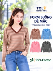 Áo thun nữ tay dài cổ V TOLI LHV30 – Form vừa dáng, Sọc ngang, Vải cotton co giãn 4 chiều mềm mịn