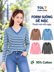 Áo thun nữ tay dài cổ V TOLI LHV32 – Form vừa dáng, Sọc ngang, Vải cotton co giãn 4 chiều mềm mịn