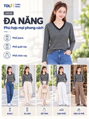 Áo thun nữ tay dài cổ V TOLI LHV33 – Form vừa dáng, Sọc ngang, Vải cotton co giãn 4 chiều mềm mịn