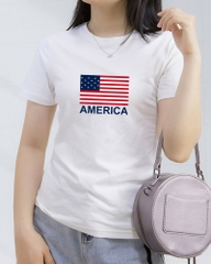 Áo thun nữ tay ngắn-Cổ Tròn-Trắng-In American-PSB10-01