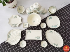 Bộ bát đĩa men kem vẽ sen xanh số 4