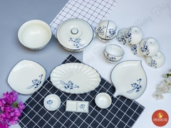 Bộ bát đĩa men kem vẽ sen ba cành số 2