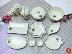 Bộ bát đĩa men kem vẽ lá xanh số 2