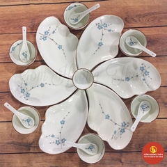 Bộ đĩa cánh tiên men kem vẽ đào xanh