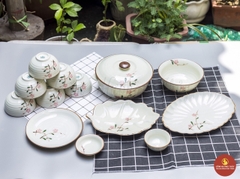 Bộ bát đĩa men kem vẽ đào hồng số 2