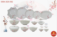 Bộ bát đĩa men kem vẽ cành đào hồng