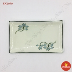 Khay Chữ nhật men kem vẽ sen xanh