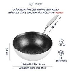 Chảo inox chống dính hoa văn nổi Tri-Ply đáy liền sâu lòng Kaiyo, size 24cm