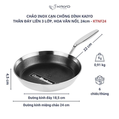 Chảo inox chống dính hoa văn nổi Tri-Ply đáy liền Kaiyo, size 24cm