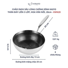 Chảo inox chống dính hoa văn nổi Tri-Ply đáy liền sâu lòng Kaiyo, size 20cm