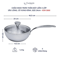 Chảo đúc Inox 3 lớp đáy liền sây lòng Tri-ply có vung kính Kaiyo, 24cm