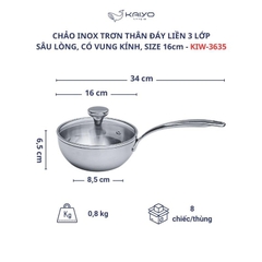 Chảo đúc Inox 3 lớp đáy liền sây lòng Tri-ply có vung kính Kaiyo, 16cm