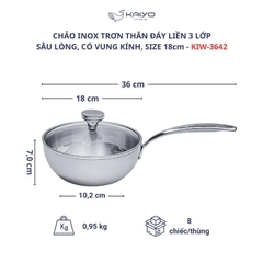 Chảo đúc Inox 3 lớp đáy liền sây lòng Tri-ply có vung kính Kaiyo, 18cm
