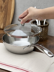 Chảo đúc Inox 3 lớp đáy liền sây lòng Tri-ply có vung kính Kaiyo, 24cm