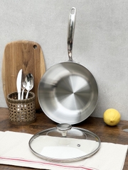 Chảo đúc Inox 3 lớp đáy liền sây lòng Tri-ply có vung kính Kaiyo, 20cm