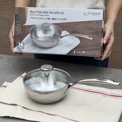 Chảo đúc Inox 3 lớp đáy liền sây lòng Tri-ply có vung kính Kaiyo, 16cm
