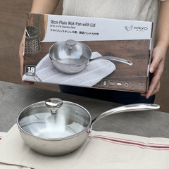 Chảo đúc Inox 3 lớp đáy liền sây lòng Tri-ply có vung kính Kaiyo, 18cm