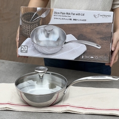 Chảo đúc Inox 3 lớp đáy liền sây lòng Tri-ply có vung kính Kaiyo, 20cm