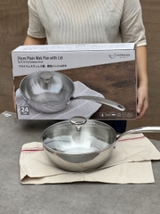 Chảo đúc Inox 3 lớp đáy liền sây lòng Tri-ply có vung kính Kaiyo, 24cm