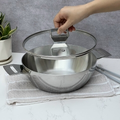 Chảo inox 3 lớp đáy liền sâu lòng Tri-Ply Kaiyo 2 tay cầm, size 24cm