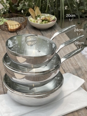 Chảo inox 316 liền khối 5-ply Premium Kaiyo -sâu lòng có vung kính 24cm