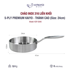Chảo inox 316 liền khối 5-ply Premium Kaiyo - thành cao, size 24cm