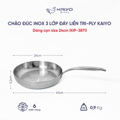Chảo đúc inox 3 lớp đáy liền Tri-ply Kaiyo, dáng cạn size 24cm