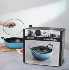 Chảo gang Oceno sâu lòng có vung kính màu xanh 25cm