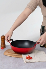 Chảo gang Oceno sâu lòng có vung kính màu đỏ 20cm