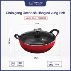 Chảo gang Oceno sâu lòng có vung kính màu đỏ 25cm