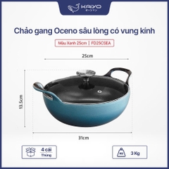 Chảo gang Oceno sâu lòng có vung kính màu xanh 25cm
