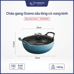 Chảo gang Oceno sâu lòng có vung kính màu xanh 20cm