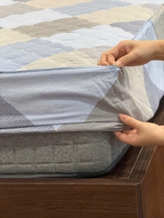 Bộ ga chần cotton 100% kèm 2 vỏ gối Kawa - size 1.8x2m, mẫu kẻ xanh