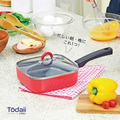 Chảo vuông chống dính có nắp kính Todaii size 18cm màu đỏ