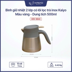 Bình giữ nhiệt 2 lớp có lõi lọc trà inox Kaiyo màu vàng, dung tích 500ml
