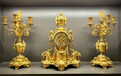 ⚜️ Nguyên bộ đồng hồ Pháp kèm chân nến, đồng mạ vàng cổ thế kỷ 19